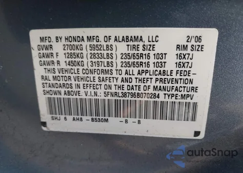 2006 Honda Odyssey Ex-L from USA, damaged, VIN 5FNRL38796B070284